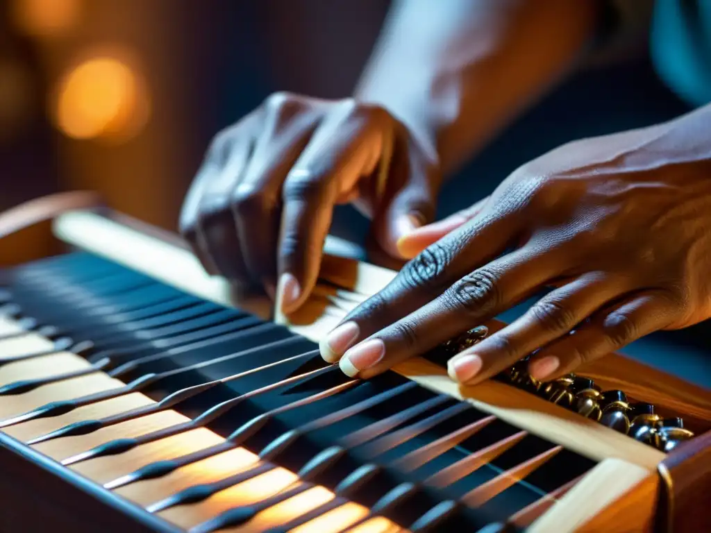 Un músico experto toca delicadamente un harpejji, mostrando la dedicación y maestría necesarias para dominar este instrumento único