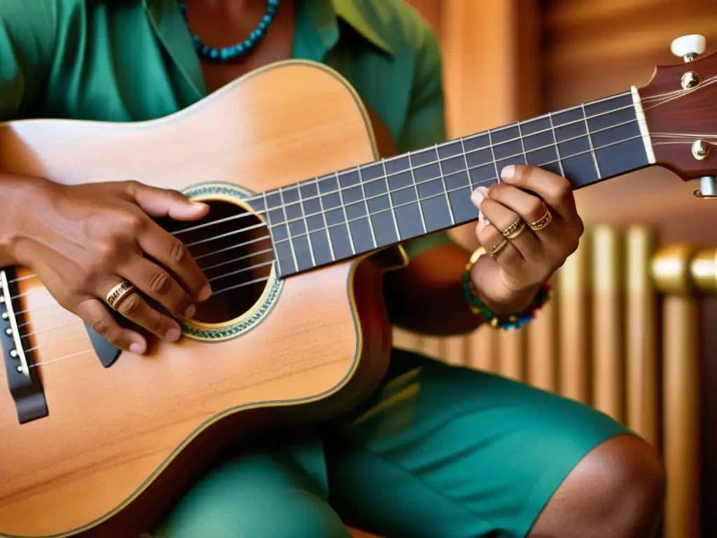 Un músico experto toca la guitarra hawaiana slack key, destacando movimientos precisos y la autenticidad cultural