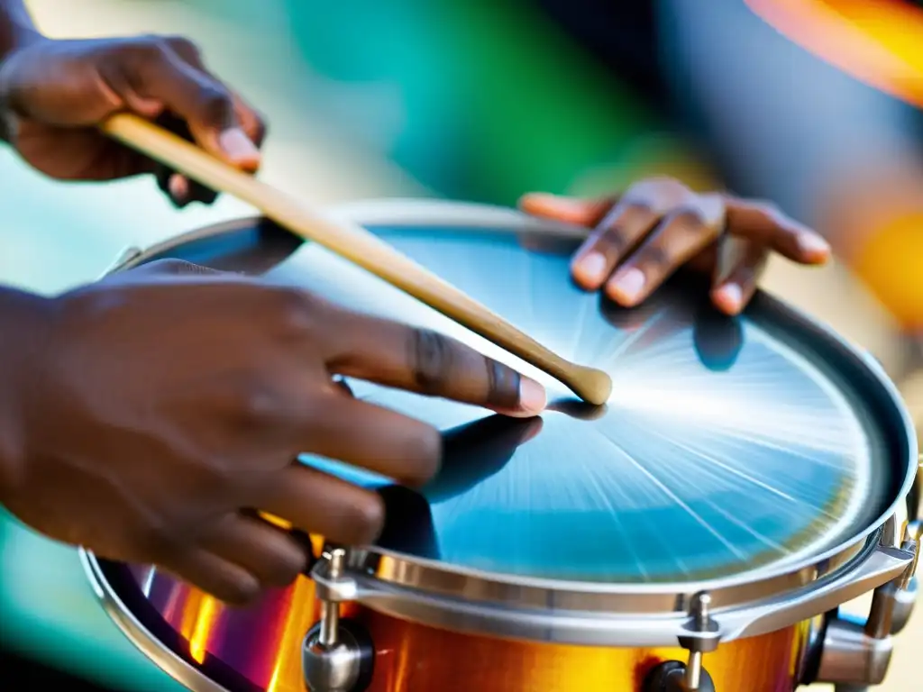 Un músico experto toca el steel drum con pasión y precisión, evocando la herencia cultural y la tradición musical del Caribe