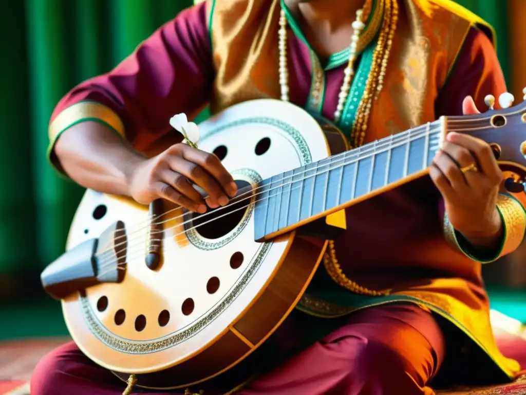 Un músico experto toca un sitar en un hermoso salón decorado en la India