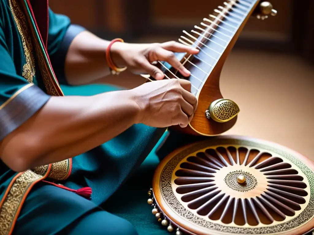 Un músico experto tocando el Rebab, mostrando la historia y sonido del instrumento con maestría y pasión