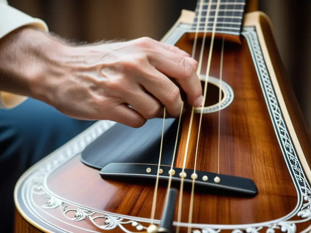 Un músico experto toca con pasión la balalaika, mostrando la historia y sonido de este instrumento tradicional ruso