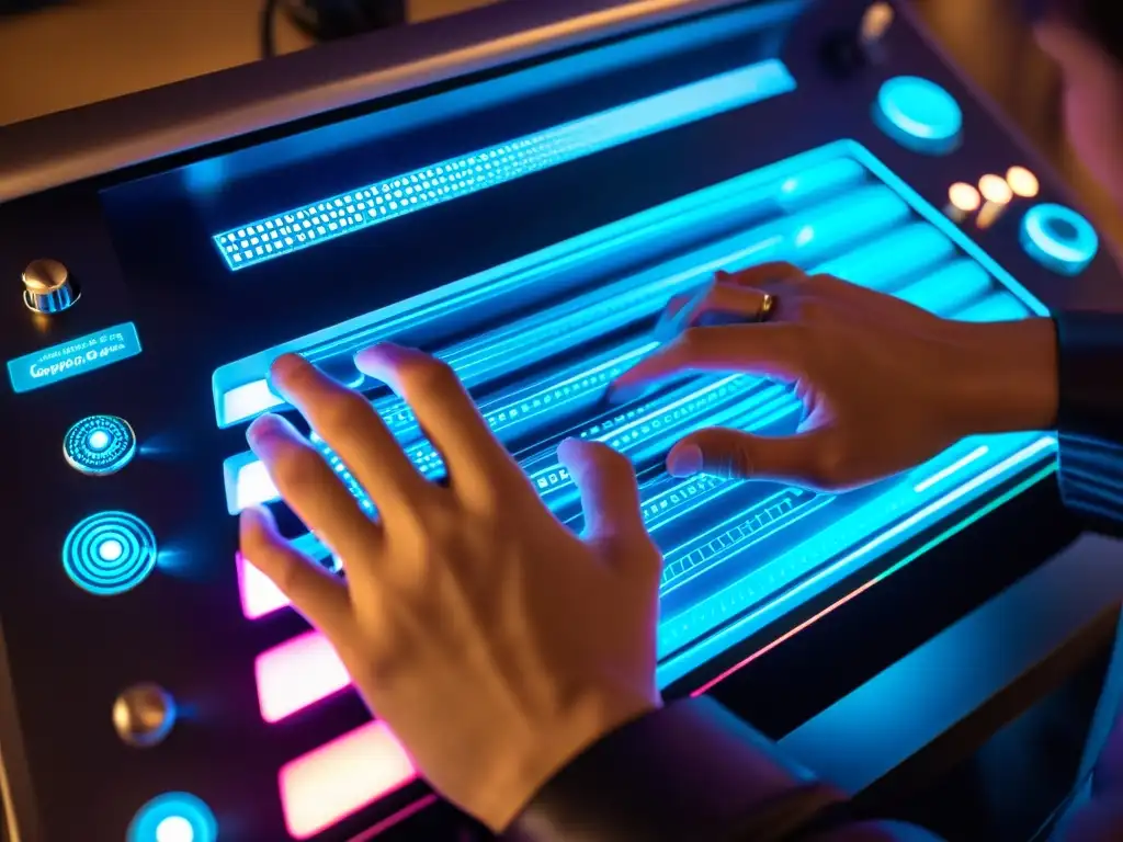 Un músico experto manipula innovadoras interfaces y controles en un instrumento digital futurista, con destreza y precisión