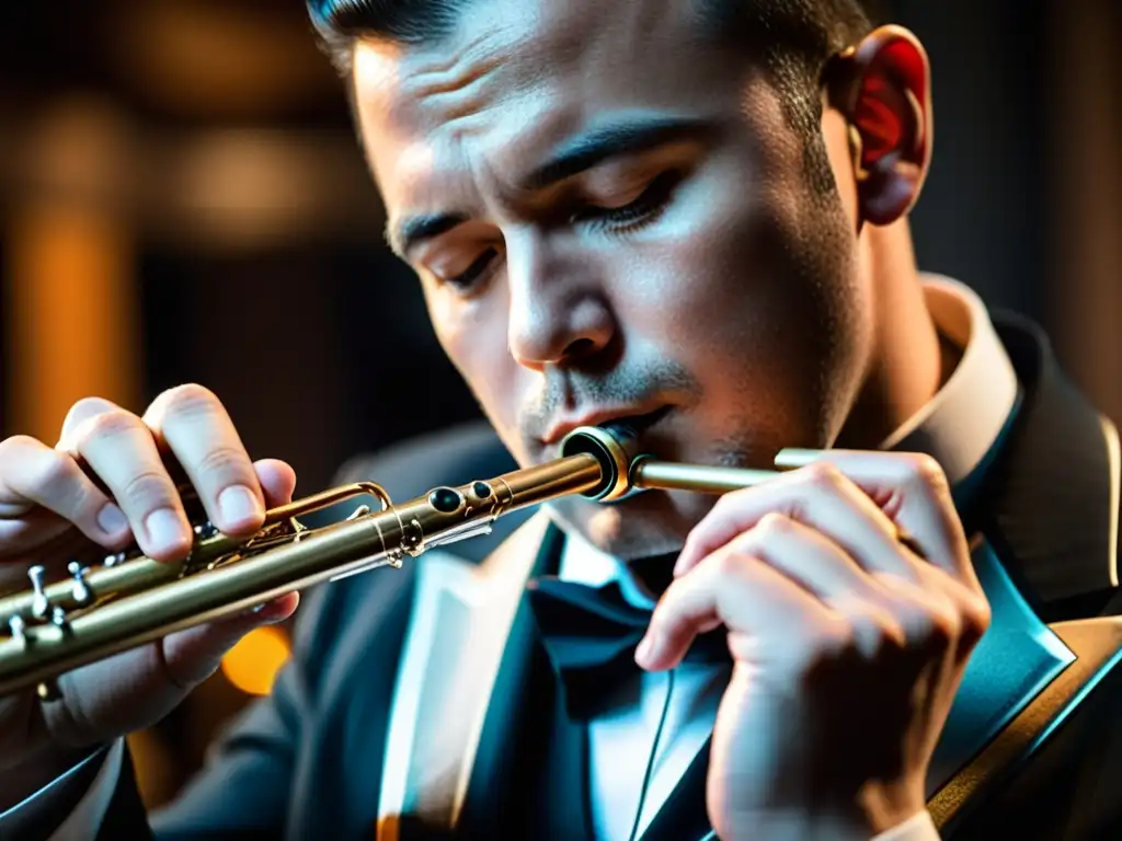 Un músico experto toca un instrumento de viento mostrando técnicas fundamentales con intensa concentración