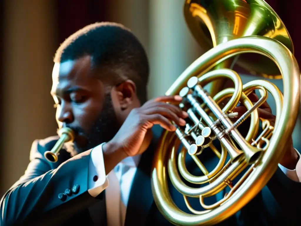 Un músico experto toca apasionadamente la tuba en una intensa actuación de orquesta