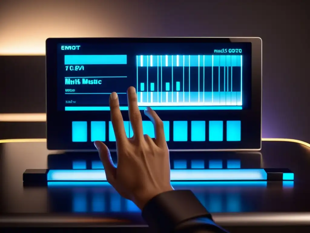 Un músico experto utiliza una interfaz musical digital en un estudio tenue, capturando la fusión de tecnología y arte