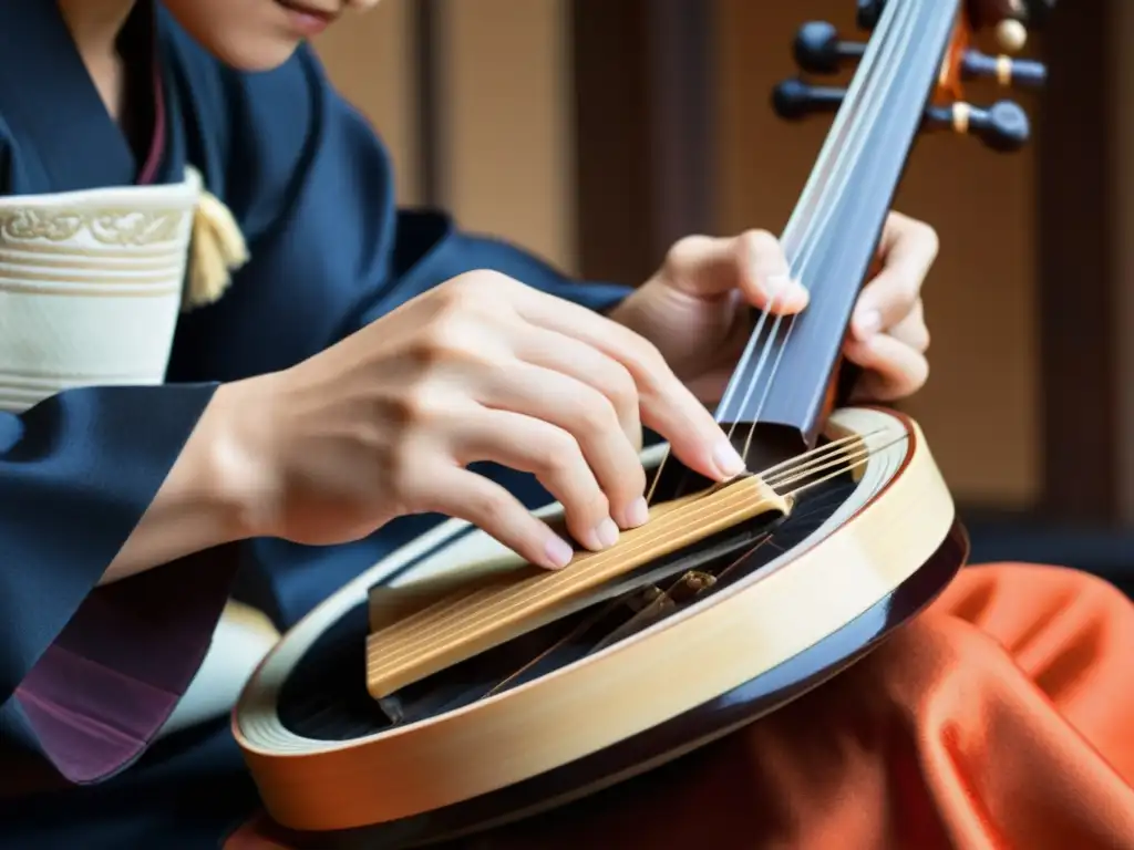 Un músico experto toca con precisión un shamisen japonés, destacando su artesanía y técnica