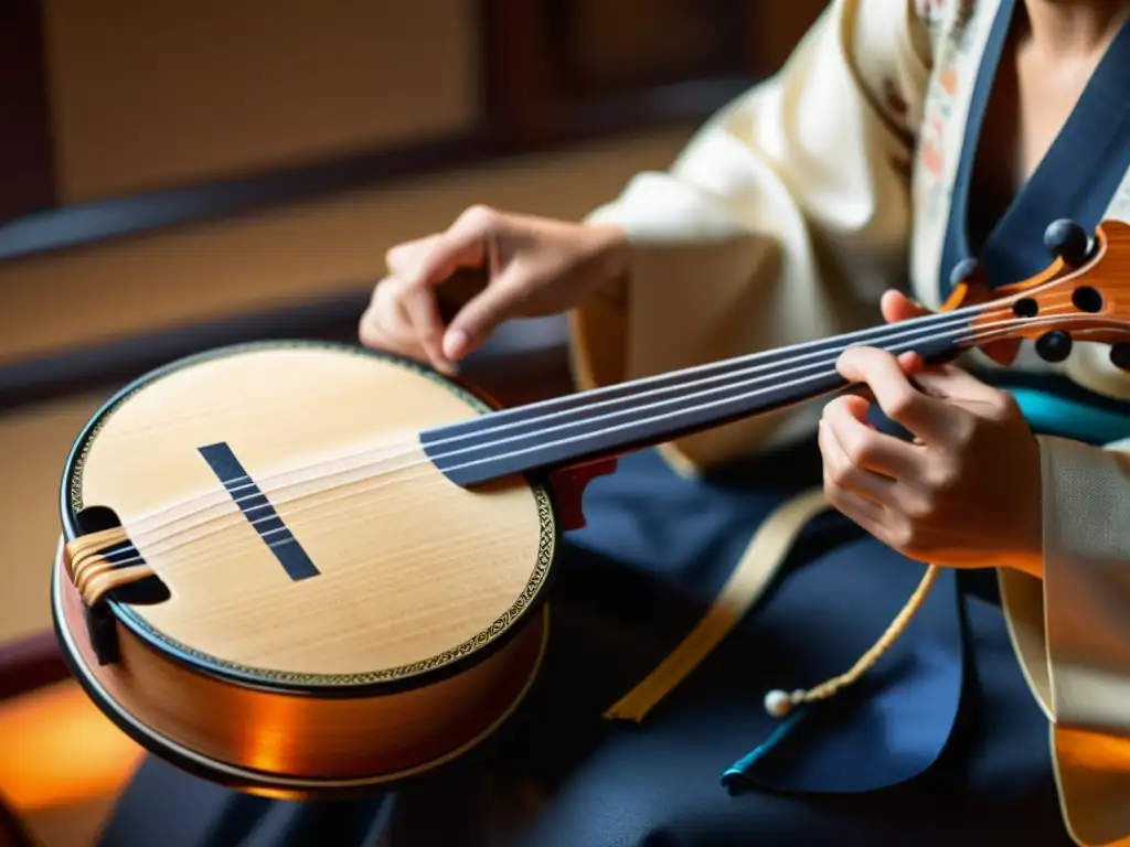 Un músico experto toca el shamisen japonés, mostrando la historia y sonido del shamisen japonés con elegancia y precisión