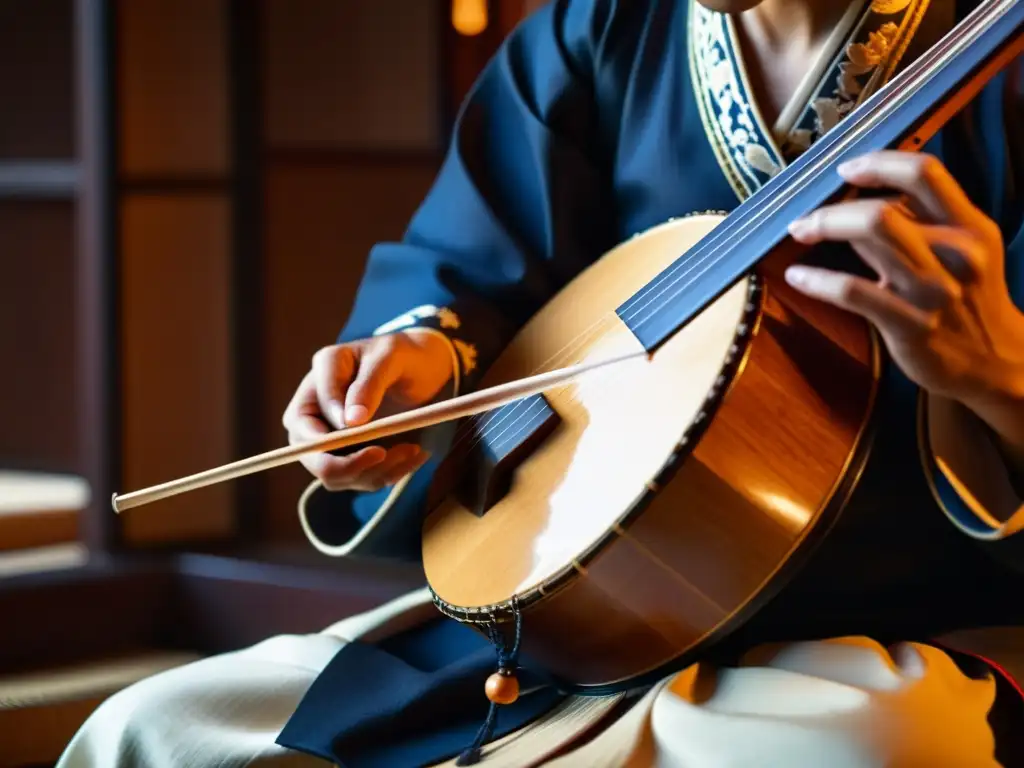 Un músico experto toca un shamisen japonés con intensa concentración