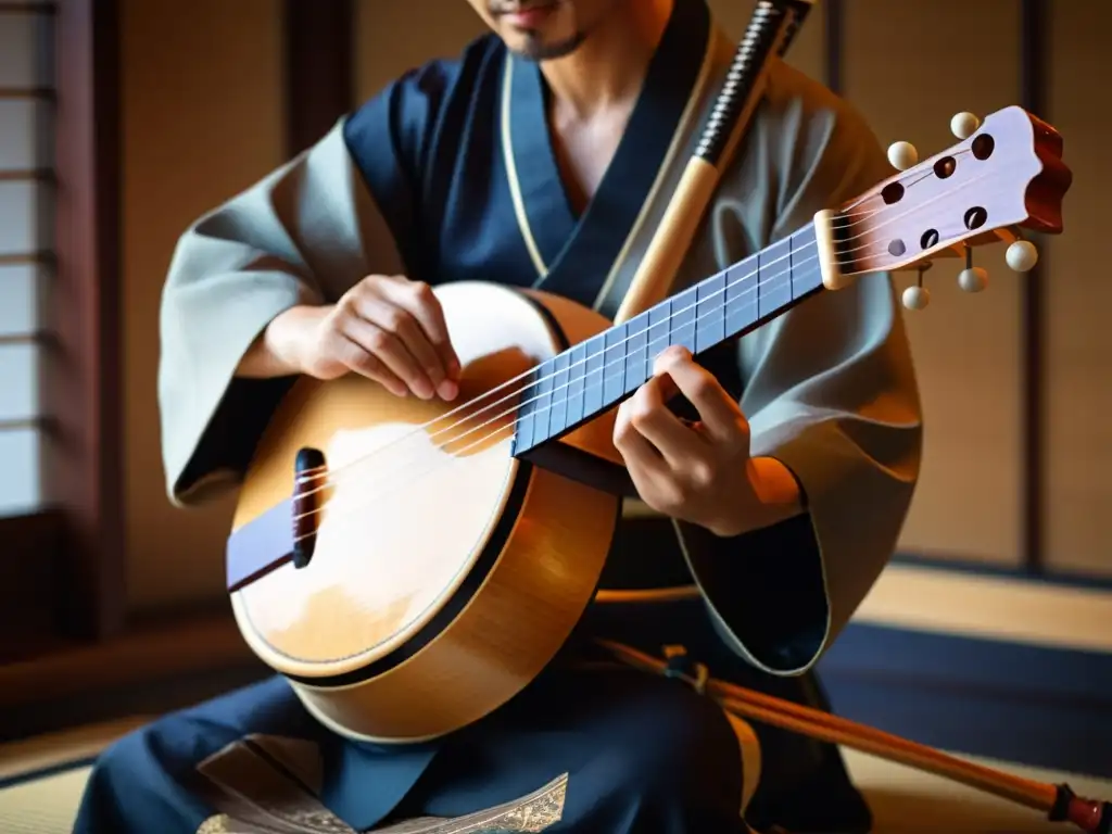 Un músico experto toca un shamisen japonés tradicional, destacando la historia y sonido del shamisen en una atmósfera cálida y tradicional