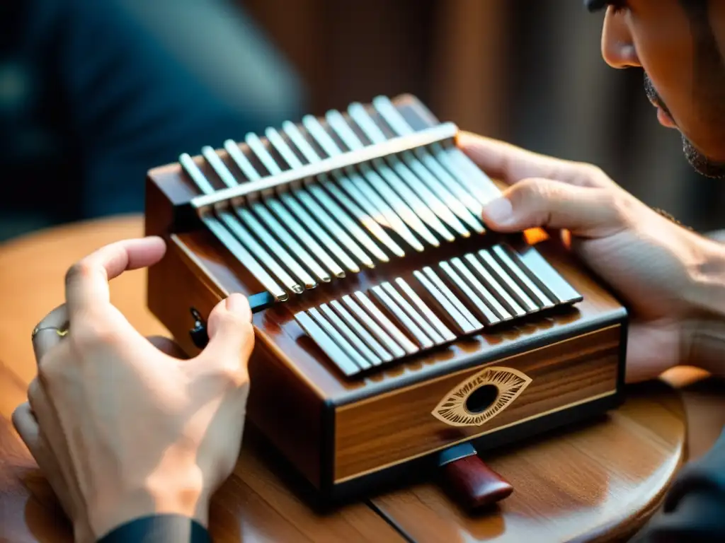 Un músico experto toca con pasión una kalimba, destacando la riqueza de su diseño