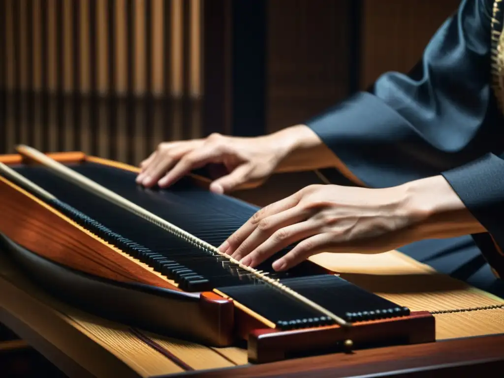 Un músico experto toca el koto japonés en una atmósfera íntima, capturando la influencia del koto japonés en la música contemporánea