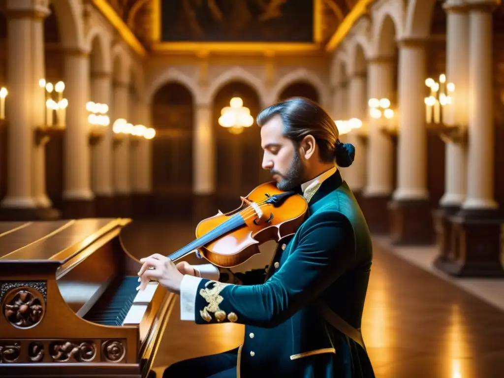 Un músico experto toca el lirone renacentista en un majestuoso salón, evocando la historia y la belleza de este instrumento de cuerdas