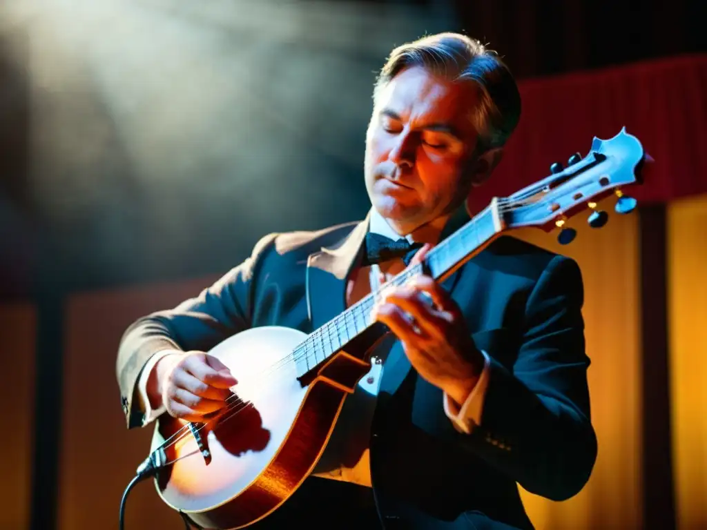 Un músico de bluegrass experto toca la mandolina con pasión en el escenario