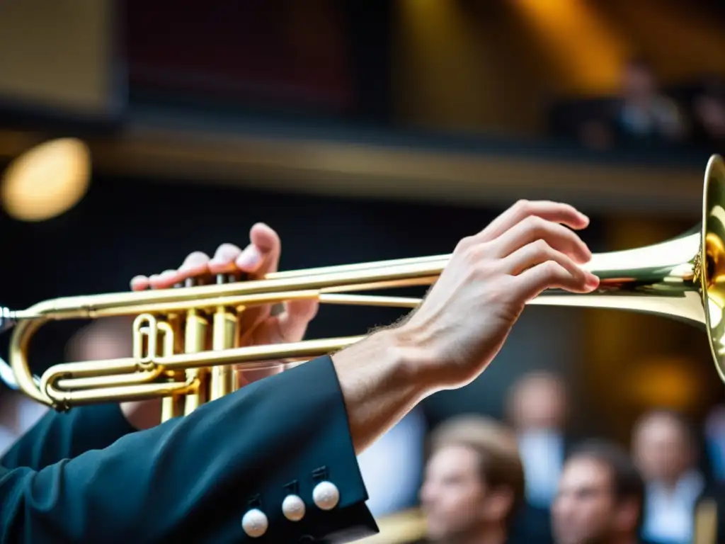 Un músico experto desliza su mano a lo largo del trombón, mostrando técnicas expresivas en trombón con determinación y maestría