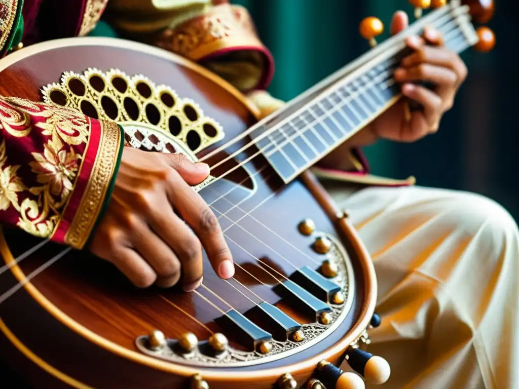 Un músico experto toca el sitar en la música hindú, mostrando maestría y tradición en sus manos y el instrumento