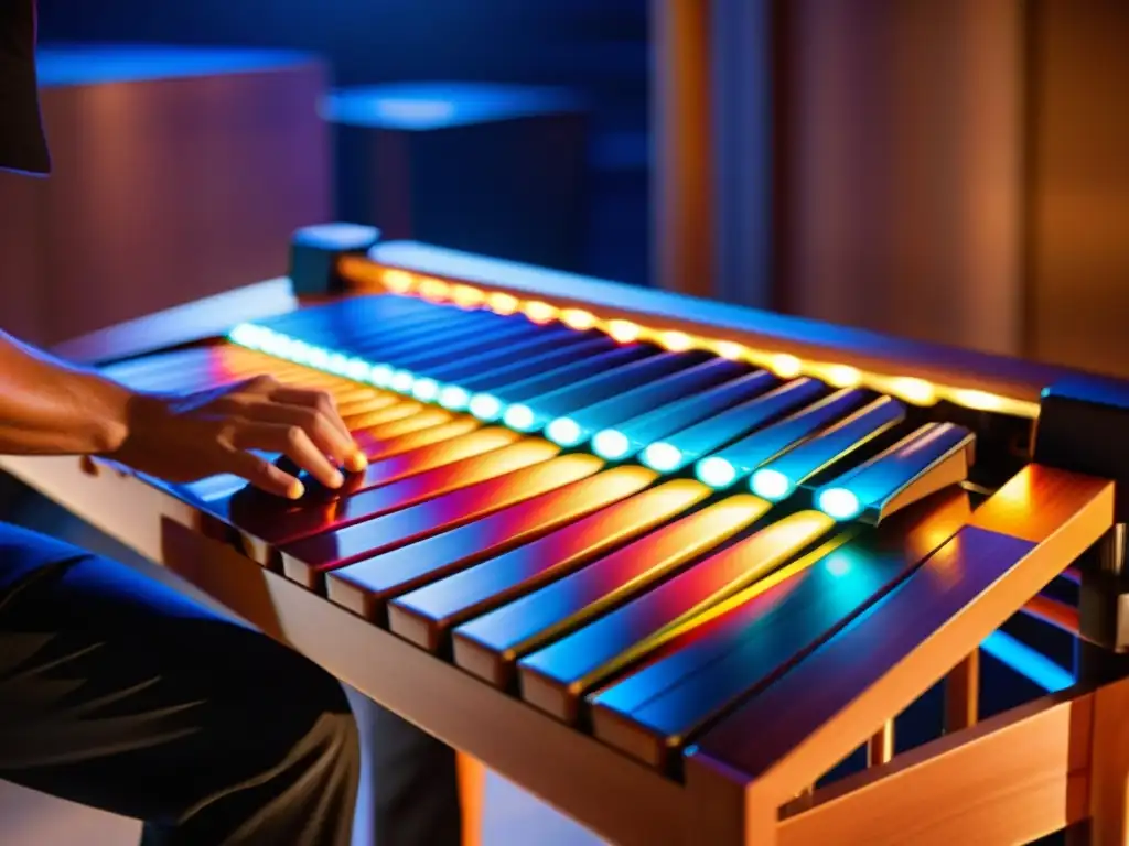 Un músico experto toca una marimba electrónica moderna con destreza, mientras las luces LED iluminan las teclas