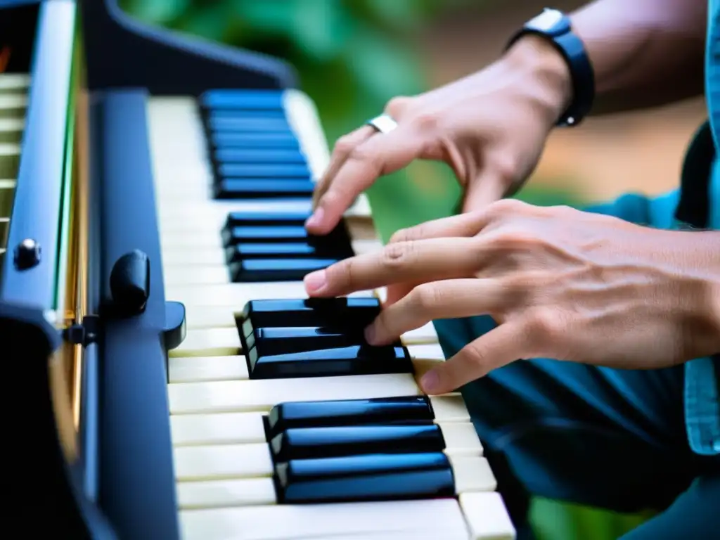 Melodiosa destreza: manos expertas en el melodica Un músico experto toca la melodica con destreza, creando una atmósfera íntima y emocionante
