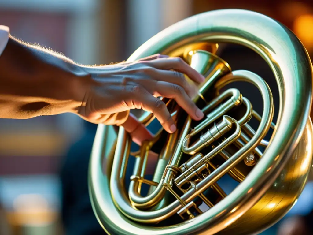 Un músico experto toca la tuba mexicana con precisión, resaltando la historia y relevancia cultural de la tuba en la música mexicana