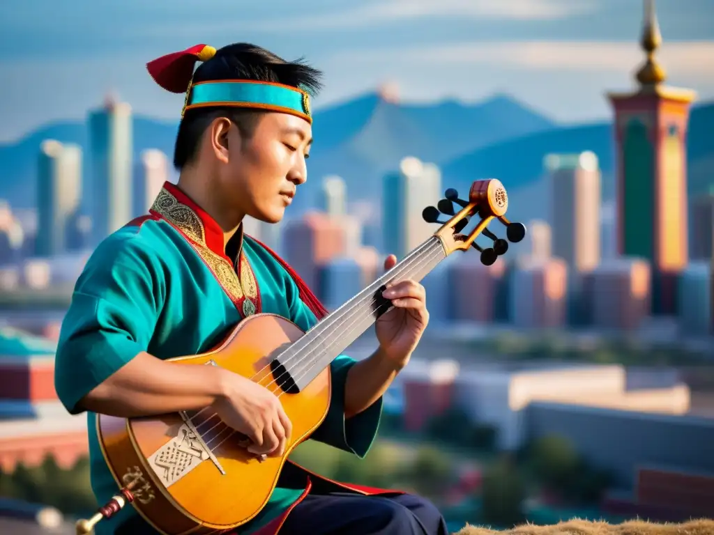 Un músico experto toca el Morin Khuur con la ciudad moderna de fondo, simbolizando la fusión de tradición y modernidad en Mongolia