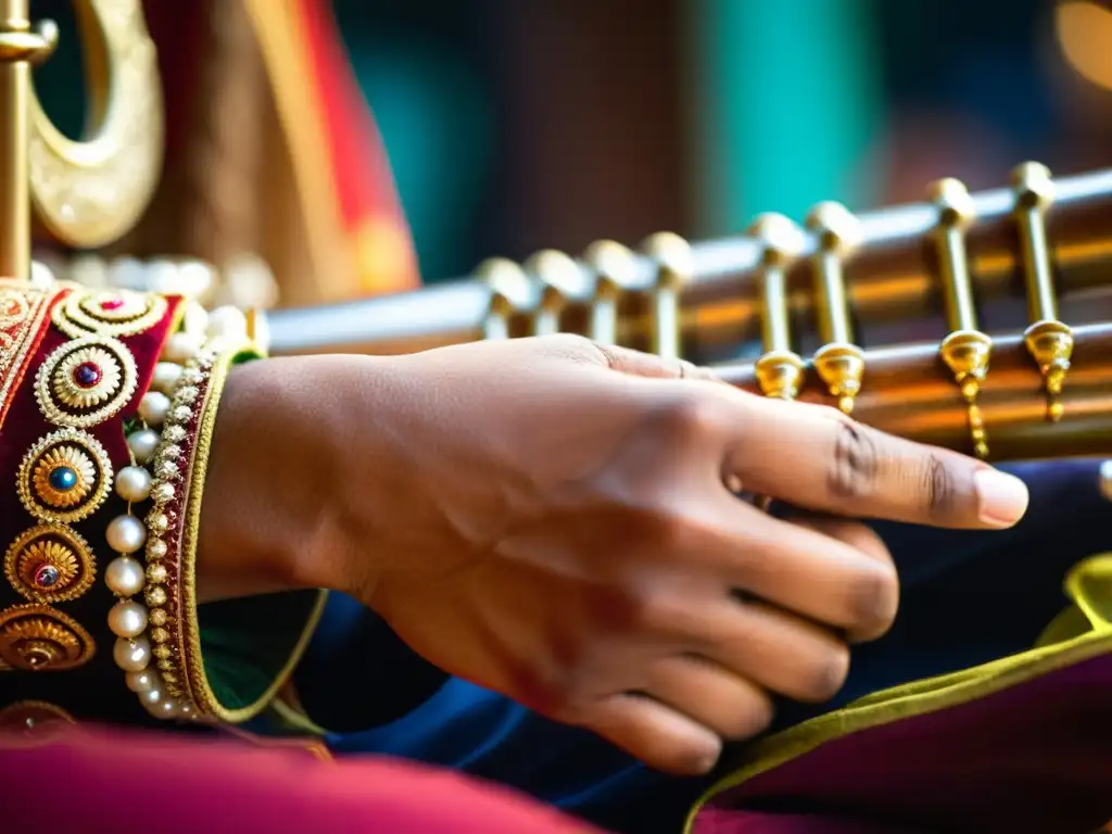 Un músico experto toca el shehnai con movimientos precisos y rostro concentrado