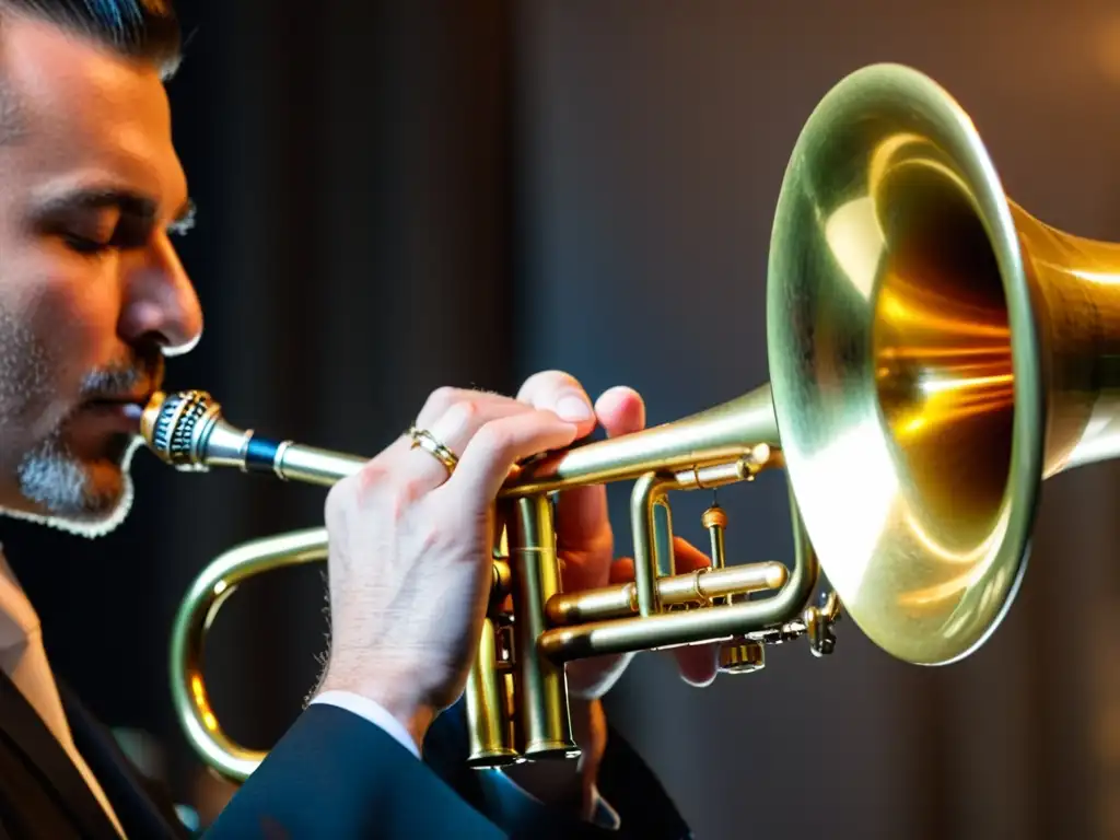 Un músico experto coloca un mute en la trompeta, con la intensa concentración de la interpretación en el rostro