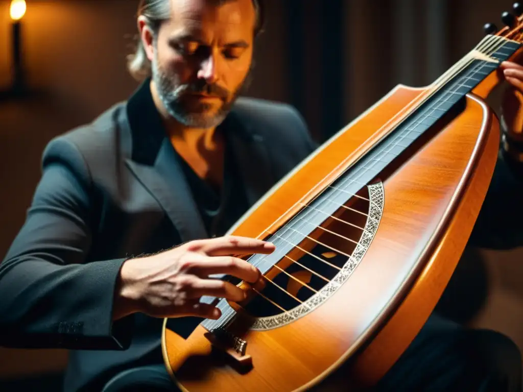 Un músico experto toca una nyckelharpa sueca en una atmósfera tenue, destacando la destreza y belleza del instrumento