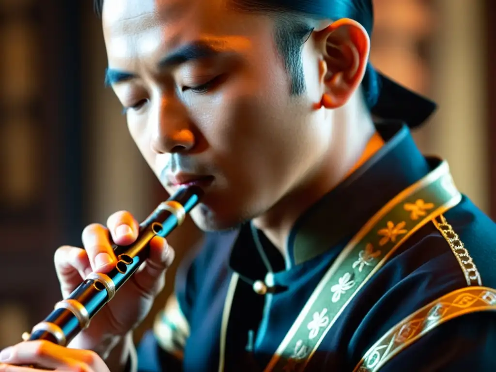 Un músico experto toca el guanzi, un oboe chino, mostrando su destreza y concentración