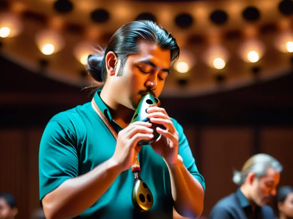 Un músico experto toca una ocarina bellamente elaborada en un escenario, cautivando a la audiencia con la historia del ocarina en conciertos