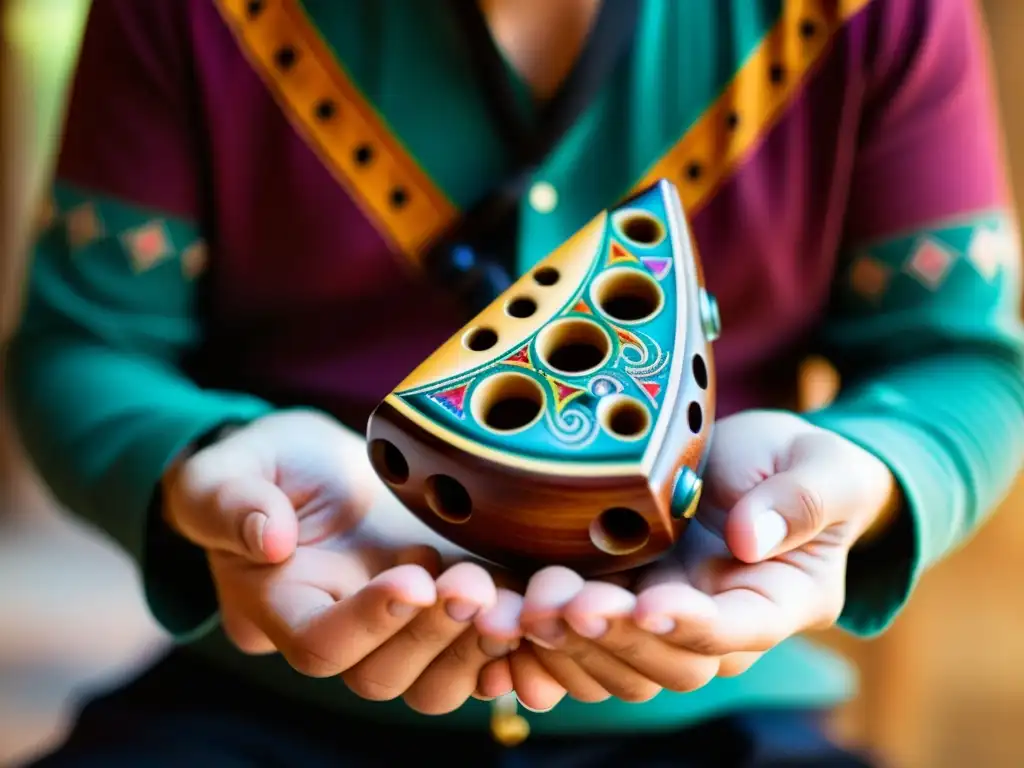 Un músico experto ejecuta con maestría una ocarina de viento, mostrando técnicas de ejecución precisas y elegancia artística