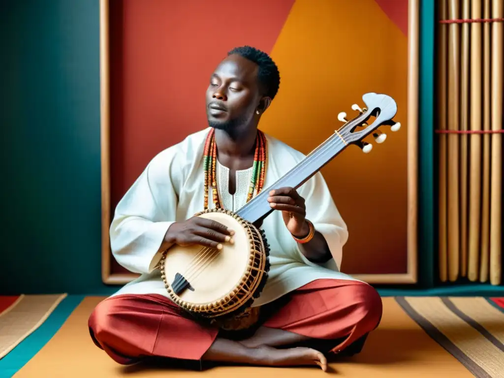 Un músico experto de África Occidental toca la kora tradicional con movimientos hábiles