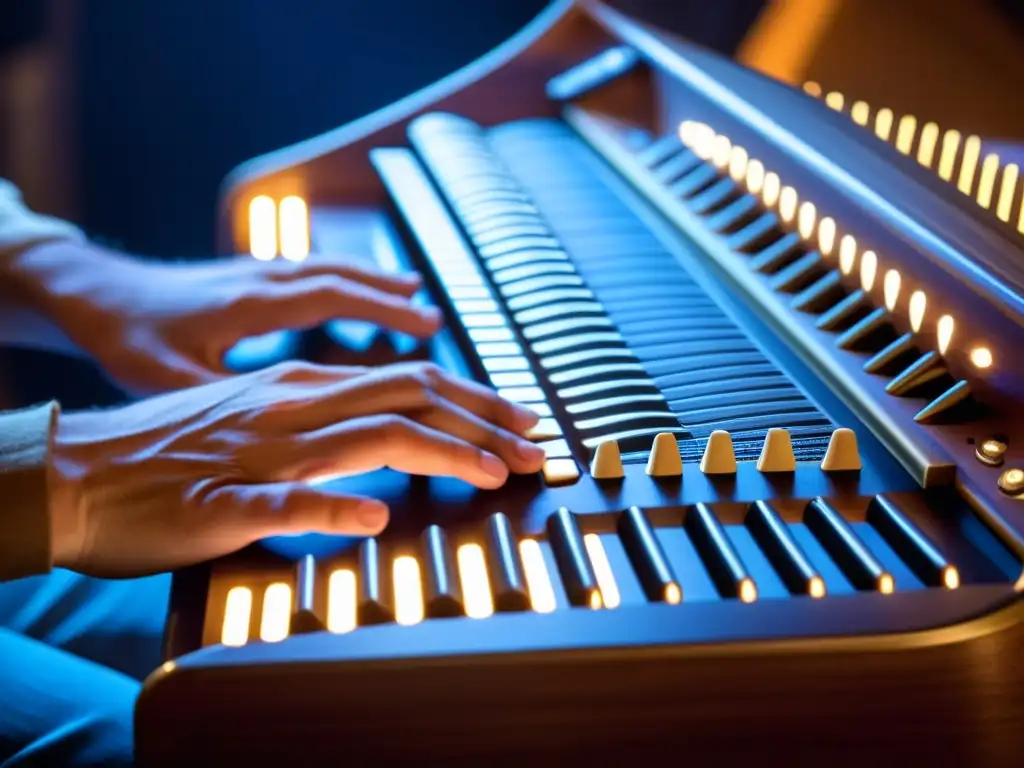 Un músico experto toca el Omnichord en una imagen detallada, destacando su destreza y el diseño único del instrumento en la producción de música pop