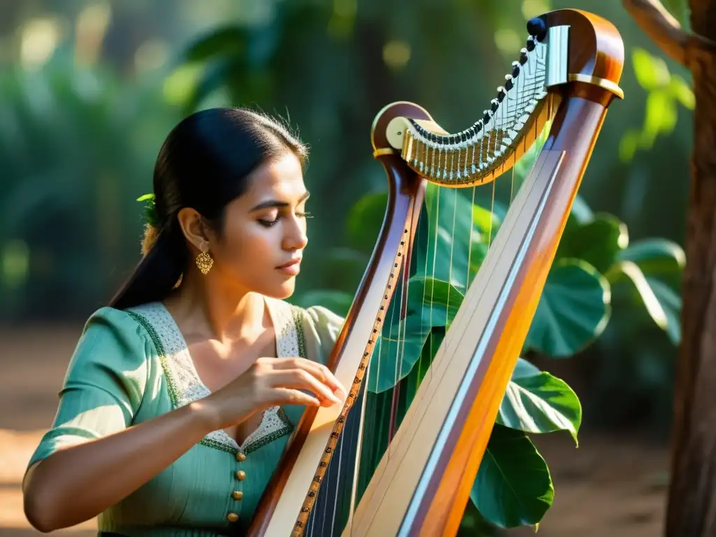 Un músico experto toca el arpa paraguaya en un entorno natural exuberante, capturando la esencia y el sonido de este instrumento tradicional