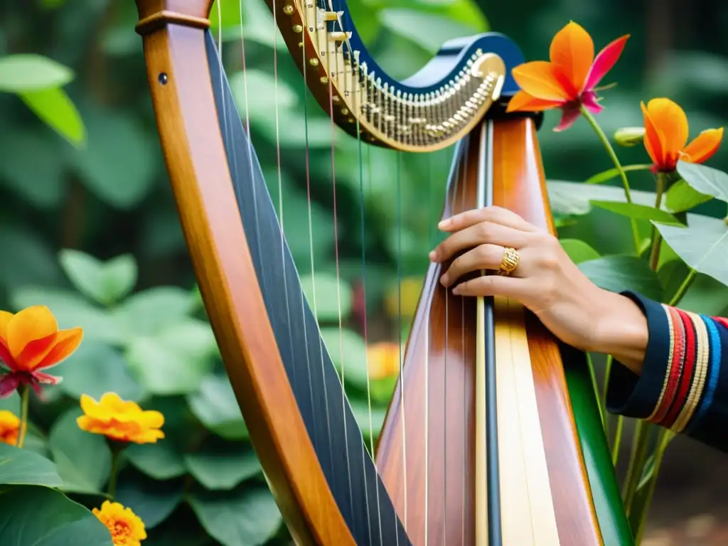 Un músico experto toca el arpa paraguaya entre exuberante vegetación y flores coloridas, conectando con la rica historia del arpa paraguaya