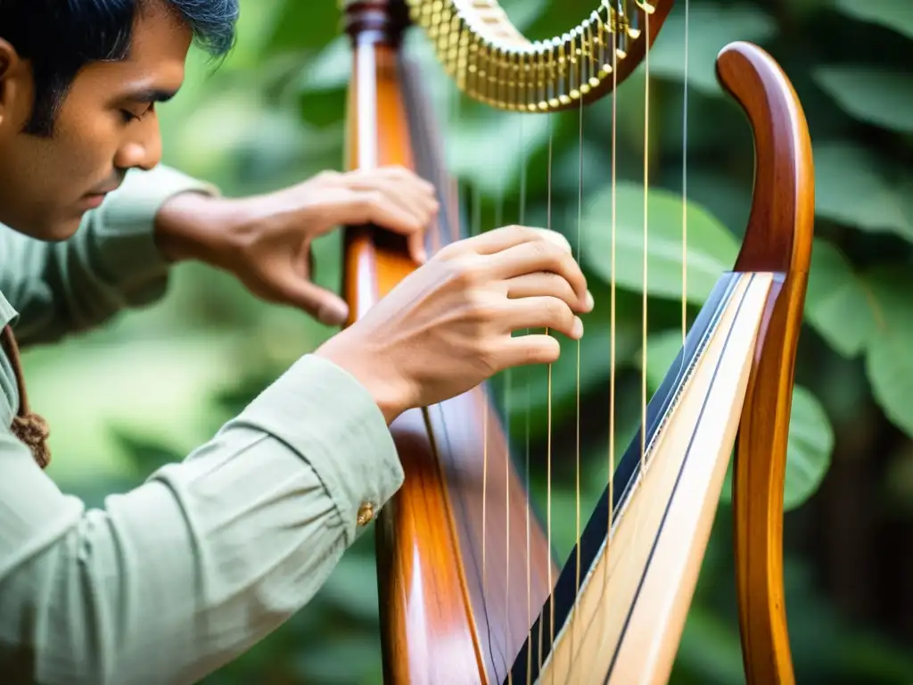 Un músico experto toca el arpa paraguaya, expresando concentración