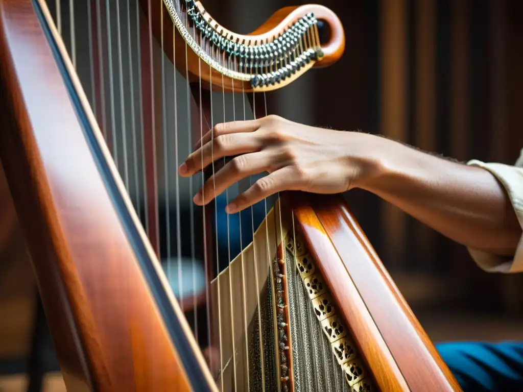 Un músico experto interpreta con pasión las cuerdas del arpa paraguaya, mostrando la rica historia del instrumento