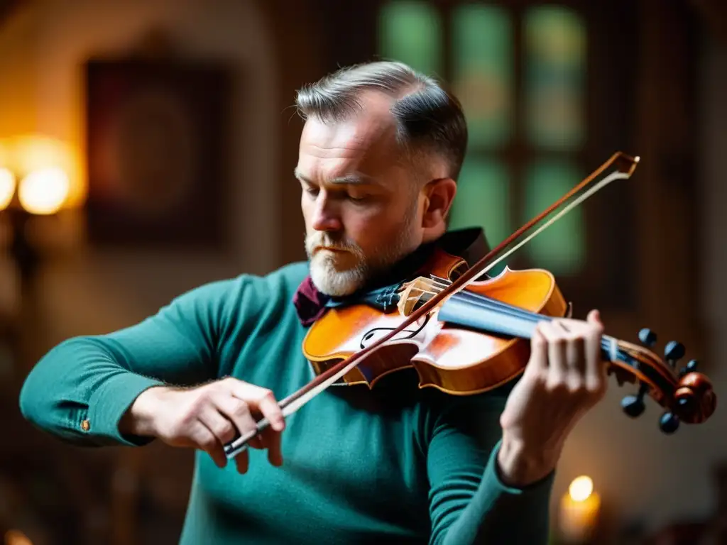 Un músico experto tocando con pasión su violín celta en un ambiente cálido y tradicional