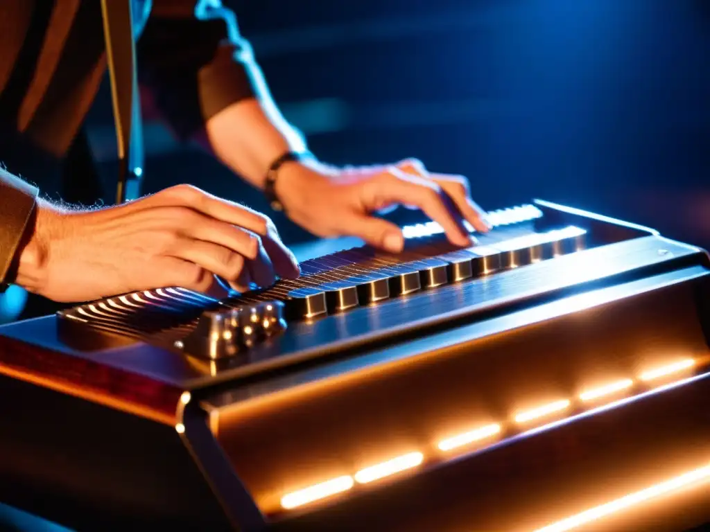 Un músico experto toca una pedal steel guitar en un escenario tenue