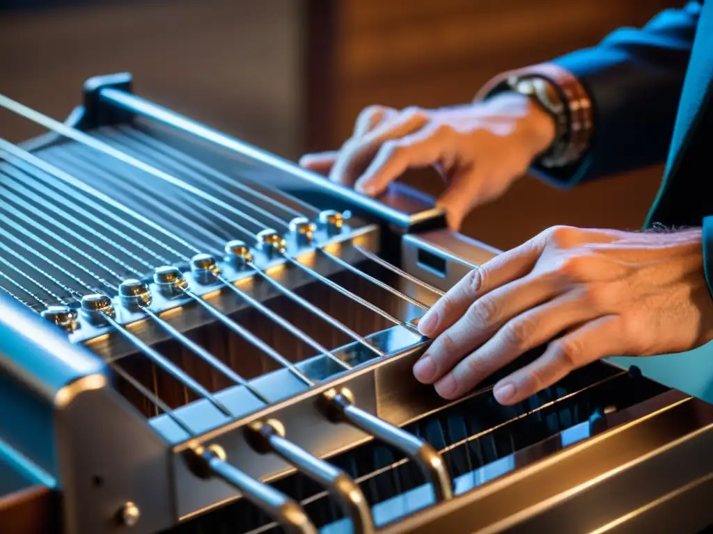 Un músico experto interpreta el pedal steel guitar con precisión, revelando la historia del pedal steel guitar en una atmósfera emotiva y dramática