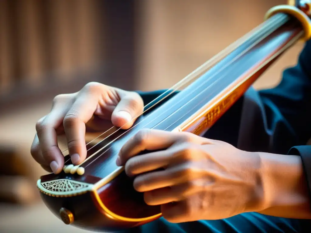 Un músico experto toca la pipa china con destreza, mostrando la técnica de interpretación de pipa china en un entorno artístico y evocador