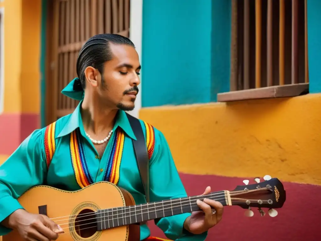 Un músico experto toca el Cuatro Puertorriqueño en un entorno tradicional