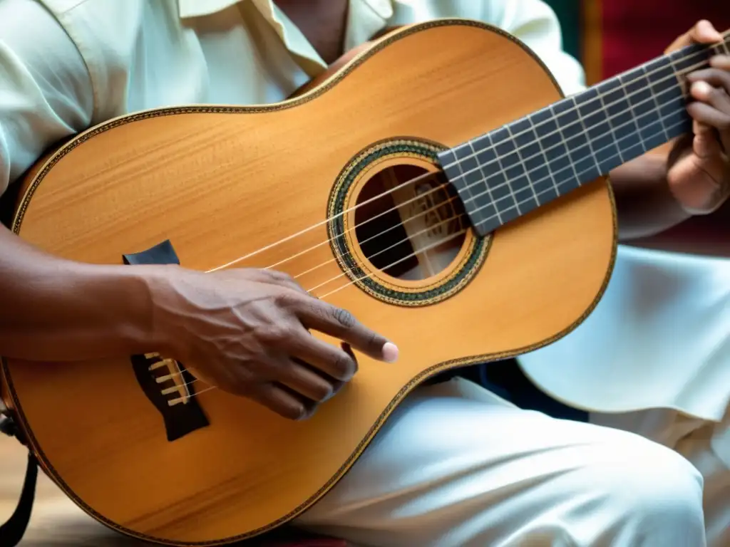 Un músico experto toca el cuatro puertorriqueño, revelando su historia y sonido en una imagen llena de pasión y tradición