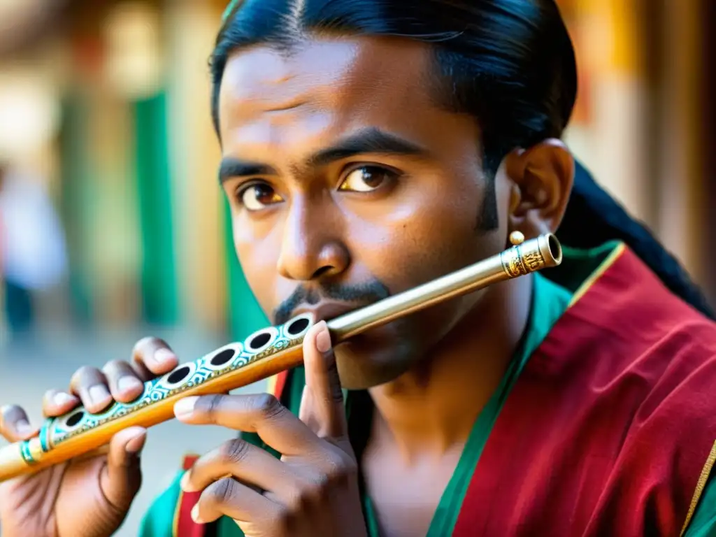 Un músico experto sostiene una quena tradicional, listo para tocar, en una calle vibrante