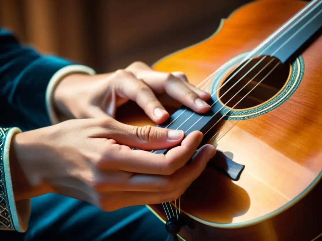 Un músico experto toca con pasión un rabel, mostrando su destreza en la interpretación de música folclórica