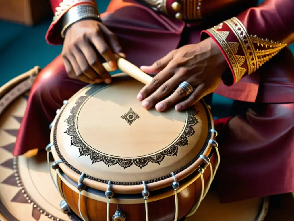 Un músico experto que toca ritmos complejos de tabla indio, resaltando la belleza de la madera y el cuero