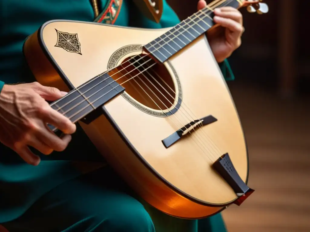 Un músico experto toca una balalaika rusa, destacando su significado cultural, con una atmósfera evocadora y cálida