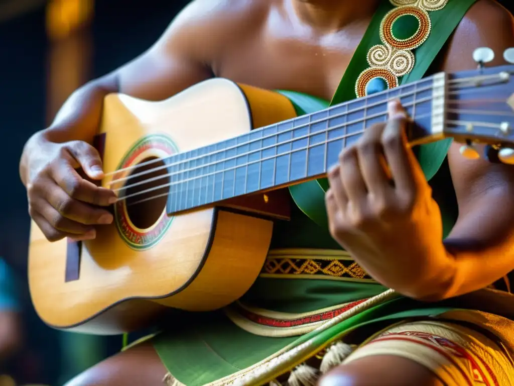 Un músico experto toca una sape durante el Festival Rainforest World Music en Malasia, mostrando la rica tradición musical de la región