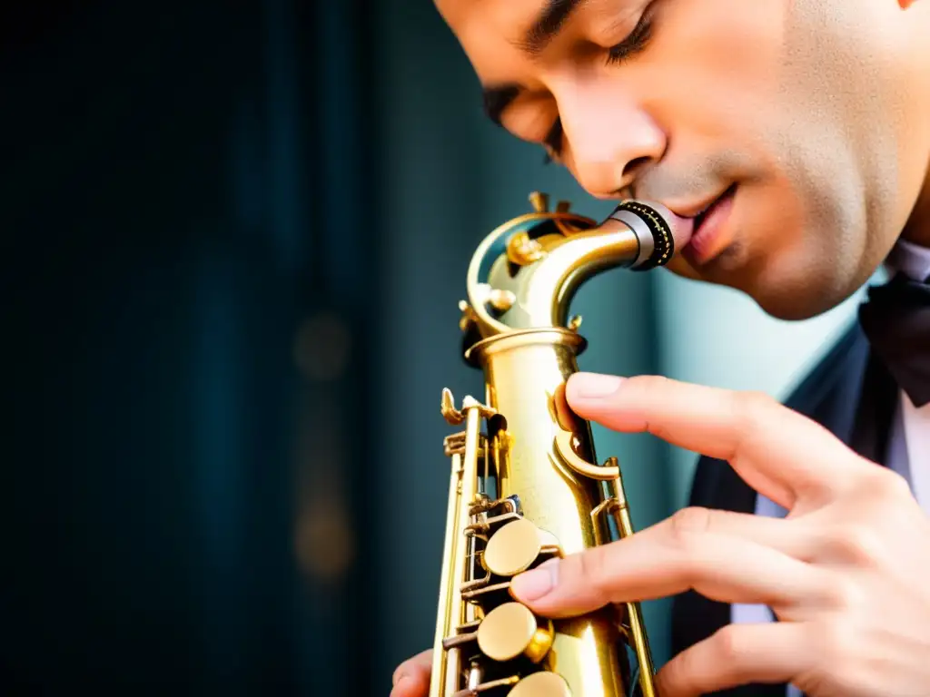 Un músico experto tocando dinámicamente el saxofón, mostrando técnicas de control dinámico en instrumentos de viento