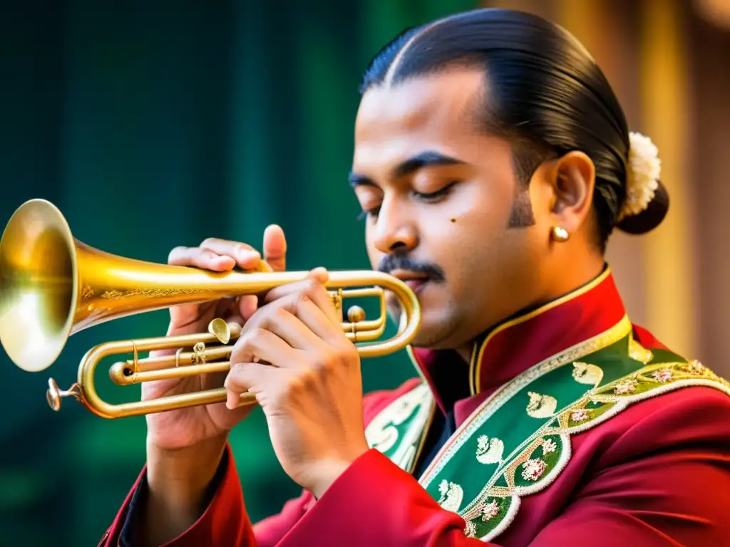 Un músico experto toca un serpentón en un salón de conciertos histórico, destacando la resurgencia del instrumento barroco