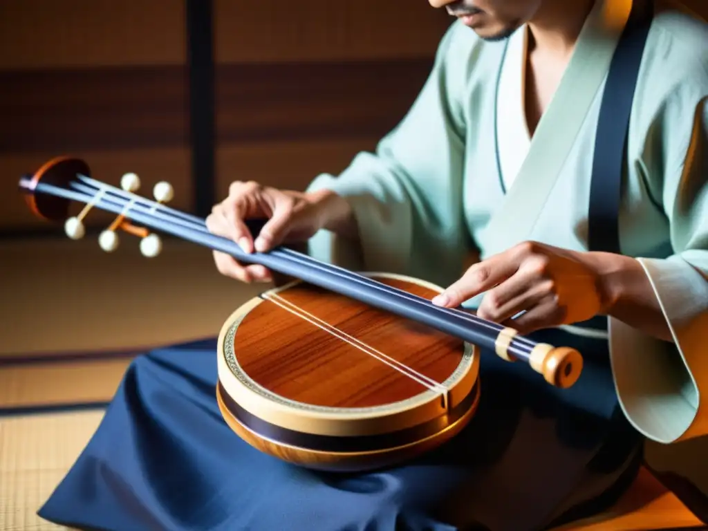 Un músico experto toca el shamisen en una imagen de alta definición, mostrando la historia y sonido del shamisen